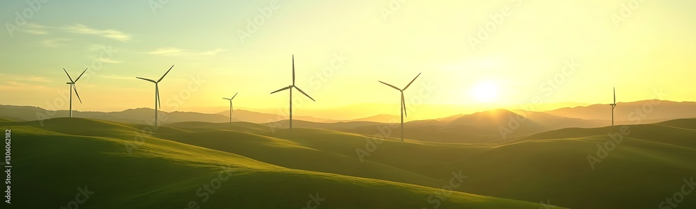 Obraz premium A scenic image of a wind turbine array on lush green hills under a golden sky.