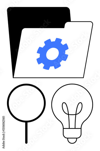 Open folder with blue gear, magnifying glass, and lightbulb signifying organization, problem-solving, analysis, search, innovation, management and creativity. Ideal for ideas research planning