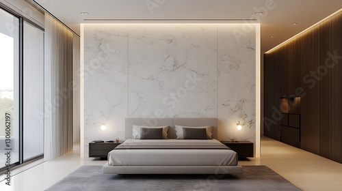 Sophisticated bedroom featuring a luxurious bed with marble accent wall