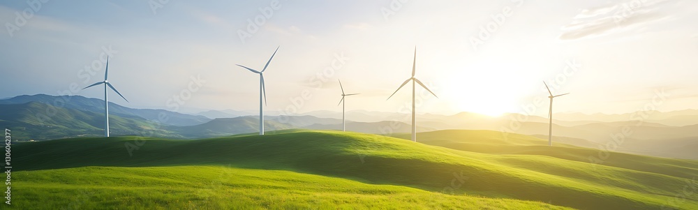 Wind turbine farm on picturesque rolling hills under a golden sky. Wind turbine farm on picturesque rolling hills under a golden sky.
