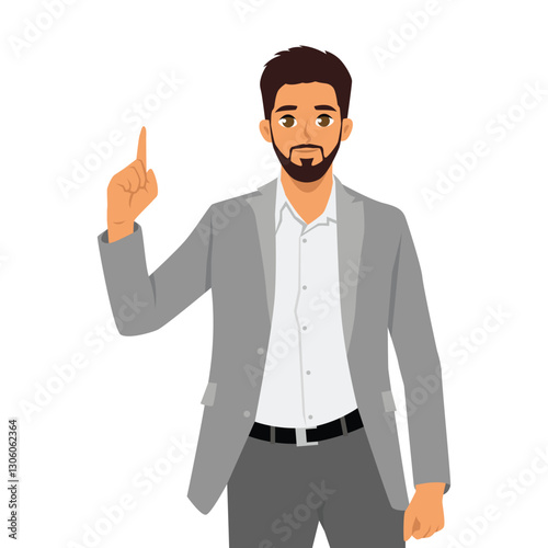 Thoughtful Businessman Pointing Up suggesting an idea or making an important point. Flat vector Character Illustration