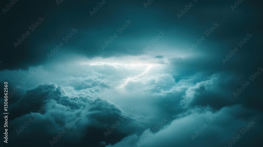 Obraz premium Dramatic Storm Clouds with Lightning Bolt in Darkened Sky
