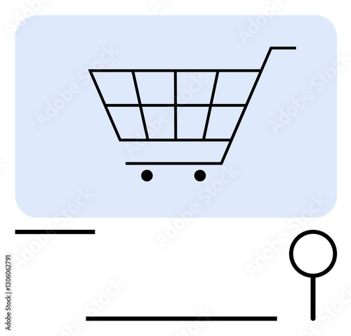 Shopping cart framed with a search icon, simple lines, and light blue background. Ideal for e-commerce, online shopping, digital marketing, product search, technology, retail design flat simple