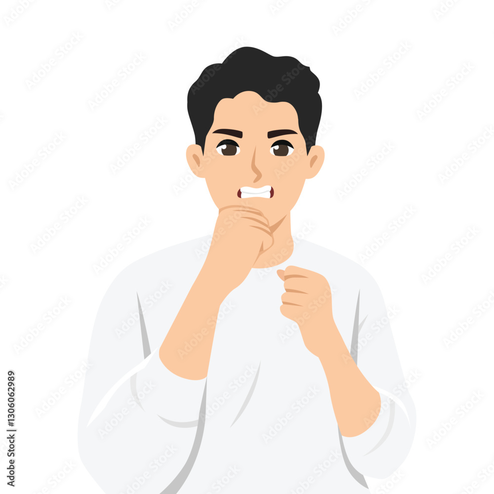Man with a tense expression bites his lip and raises his fists, ready to fight. Flat vector Character Illustration Man with a tense expression bites his lip and raises his fists, ready to fight. Flat vector Character Illustration