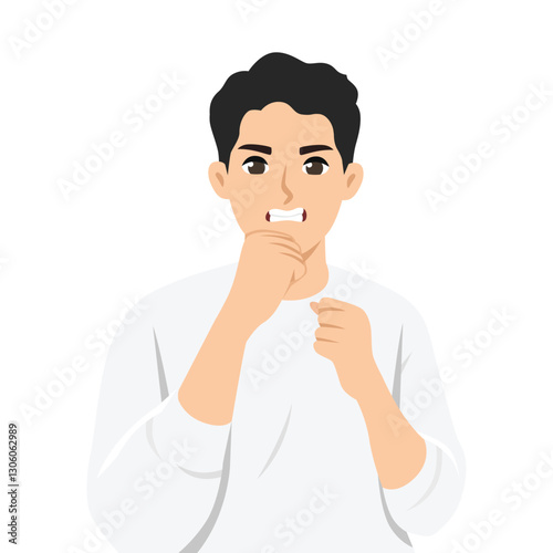 Man with a tense expression bites his lip and raises his fists, ready to fight. Flat vector Character Illustration