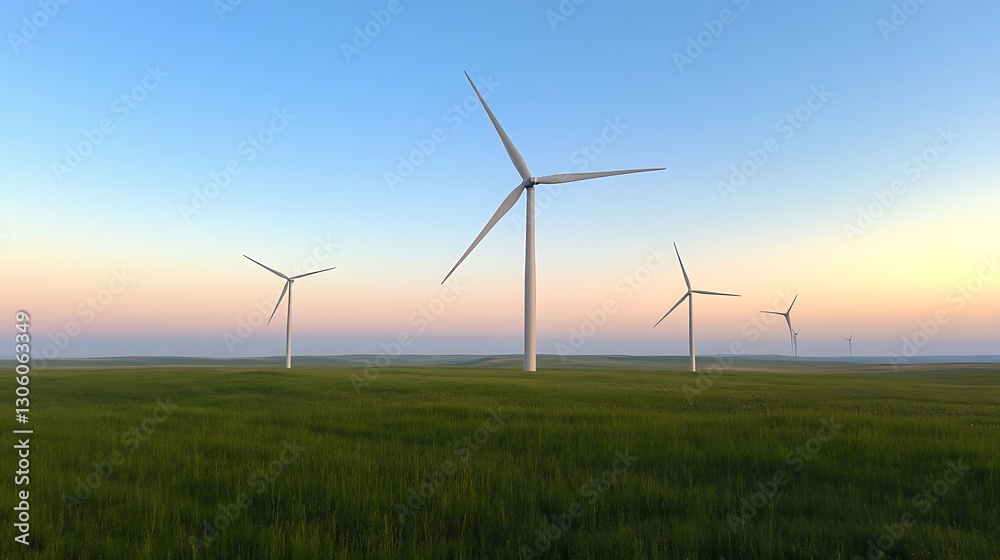 A scenic image of wind turbines in a lush green field under a clear blue sky. A scenic image of wind turbines in a lush green field under a clear blue sky.