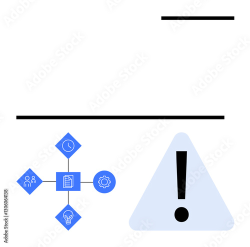 Exclamation mark in triangle beside workflow icons including clock, team, lightbulb, gear, and document. Ideal for warnings, process management, task prioritization, risk analysis productivity