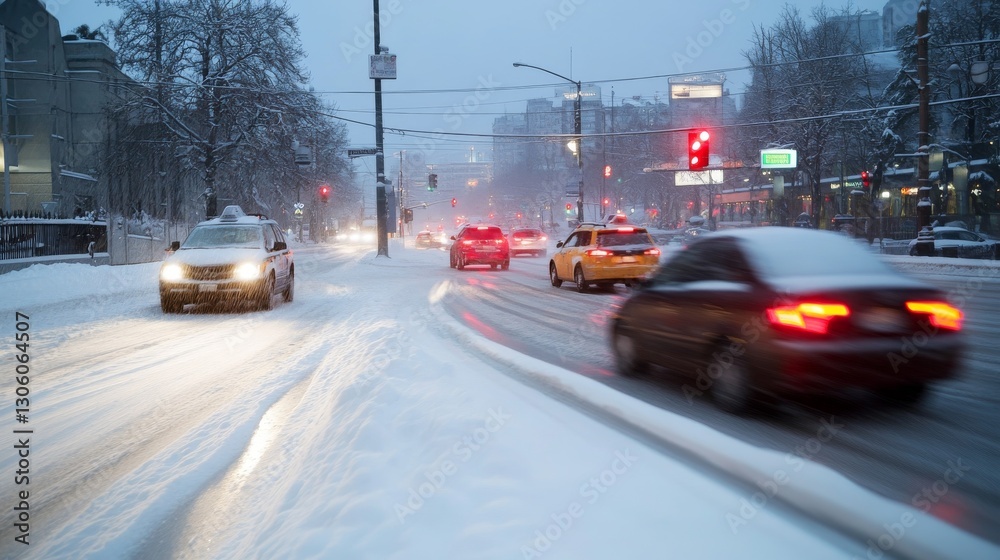 Obraz premium Snowy City Street at Dusk with Cars Passing