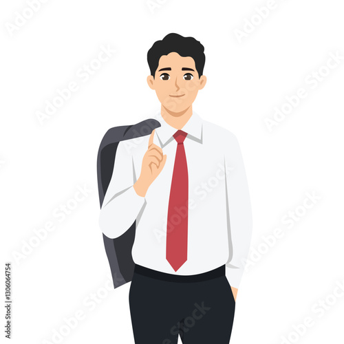 Businessman holds his suit jacket over his shoulder while making a confident gesture. Flat vector Character Illustration