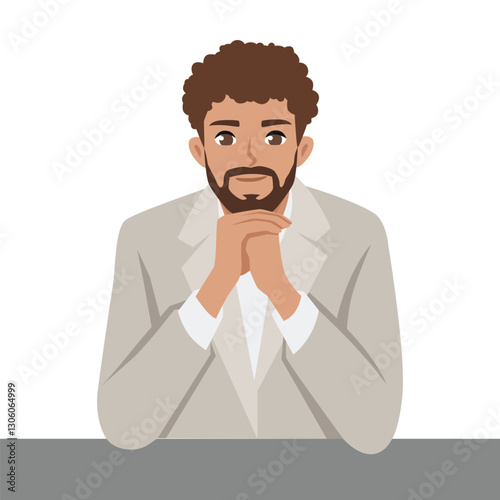 Businessman sitting at a table, resting his chin on his hands, deep in thought and contemplation. Flat vector Character Illustration