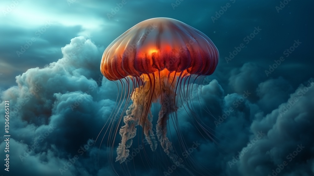 A vibrant jellyfish illuminated in warm tones floats against a dramatic cloudy backdrop. A vibrant jellyfish illuminated in warm tones floats against a dramatic cloudy backdrop.