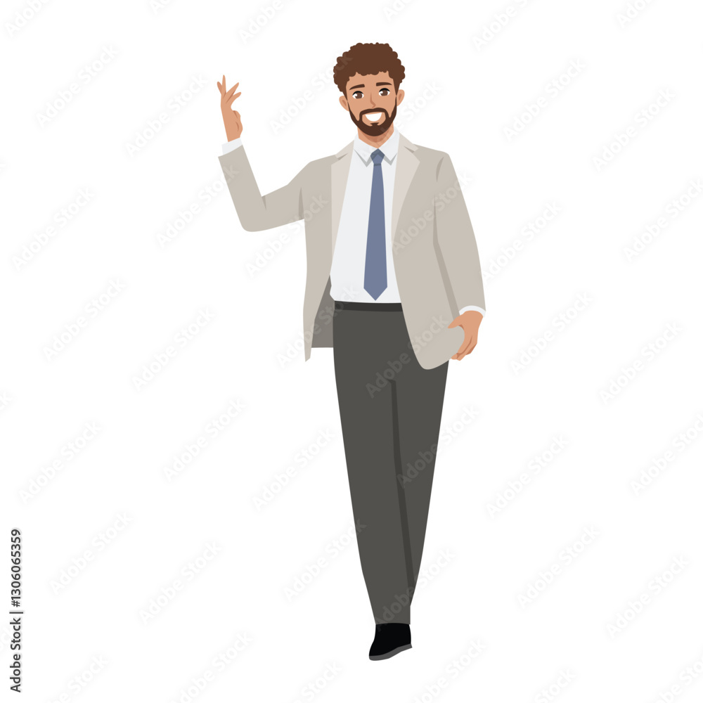 Happy businessman dressed in a suit, smiling and gesturing as if in mid dance or greeting. Flat vector Character Illustration Happy businessman dressed in a suit, smiling and gesturing as if in mid dance or greeting. Flat vector Character Illustration