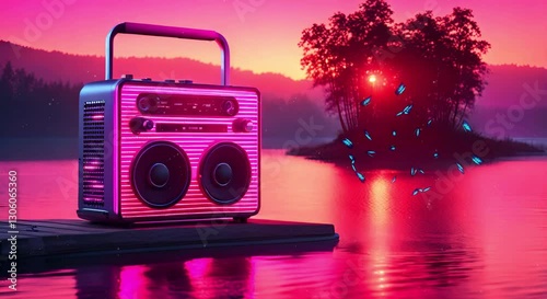 Colorful Neon Glow Reflecting on Calm Waters, looping 4k time-lapse virtual video animation Generated AI. 3D Render.