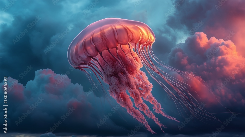 A stunning jellyfish floats gracefully in a surreal sky with vibrant colors and dynamic clouds. A stunning jellyfish floats gracefully in a surreal sky with vibrant colors and dynamic clouds.