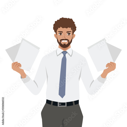 Stressed Businessman holding multiple documents with a tense or frustrated expression. Flat vector Character Illustration
