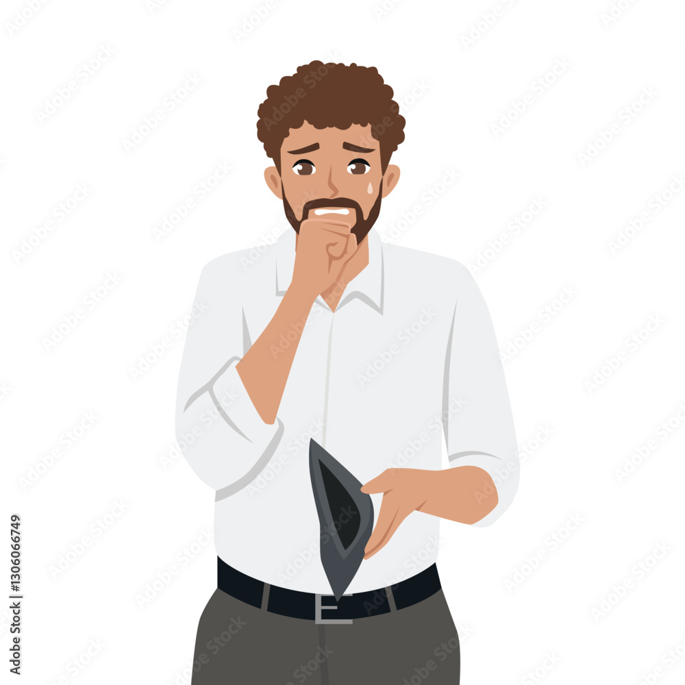 Worried man anxiously looks at his empty wallet, expressing concern and financial struggle. Flat vector Character Illustration Worried man anxiously looks at his empty wallet, expressing concern and financial struggle. Flat vector Character Illustration