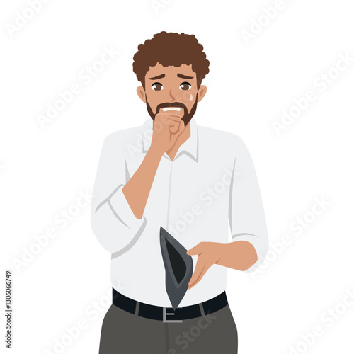 Worried man anxiously looks at his empty wallet, expressing concern and financial struggle. Flat vector Character Illustration