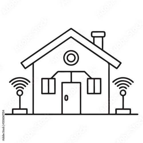 continuous one single black line art doodle drawing of IoT enabled home with smart appliances and AI-driven automation illustration
