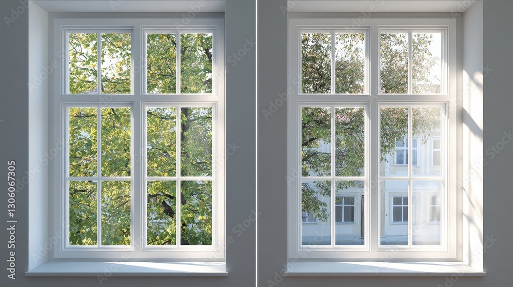 Obraz premium Sunlit Windows Overlooking Green Trees and Urban Landscape