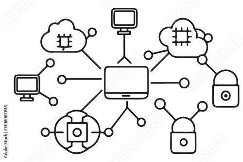 continuous one single black line art doodle drawing of Edge computing concept with devices connected in a distributed network illustration