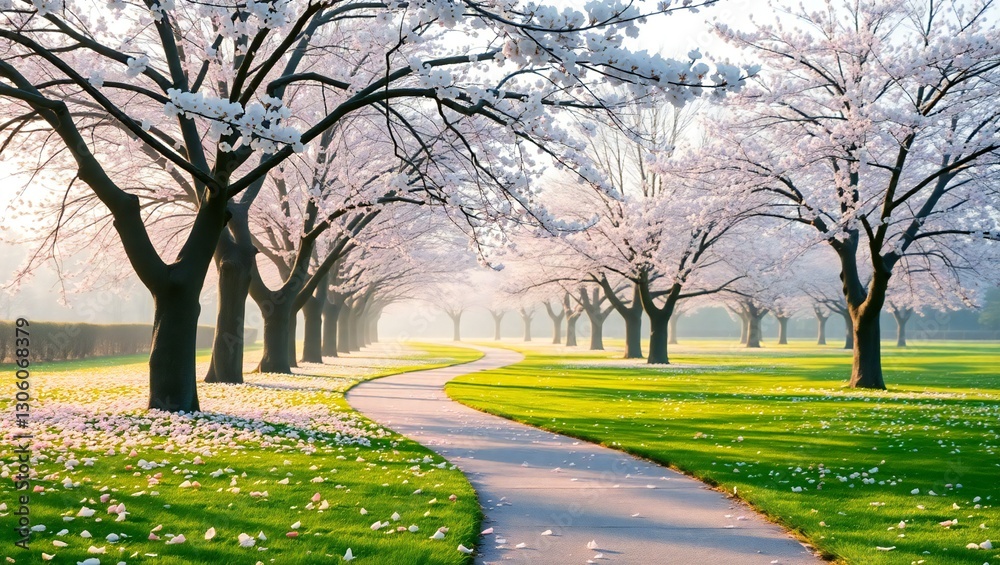 Fototapeta premium Scenic Cherry Blossom Pathway: Tranquil Park Scene with Blooming Pink Trees in Natural Light