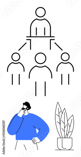 Hierarchical leadership diagram above a thinking individual in blue, next to a plant. Ideal for leadership, organization, decision-making, teamwork, structure, management, flat simple metaphor