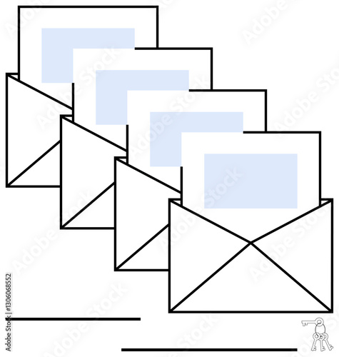 Open envelopes revealing letters inside organized in a line. Ideal for communication, email, messaging, mail delivery, correspondence, organization, flat simple metaphor