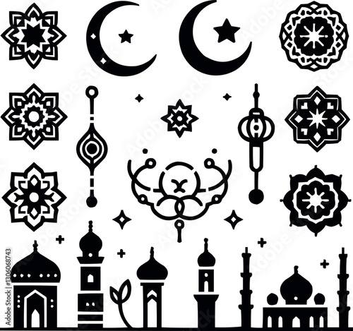 Ramadan Islamic Vector Illustration with Crescent Moon, Mosque, Food, and Festive Icons