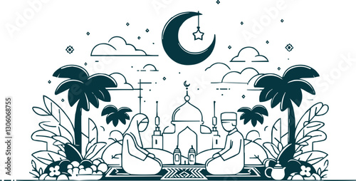 Ramadan Islamic Vector Illustration with Crescent Moon, Mosque, Food, and Festive Icons