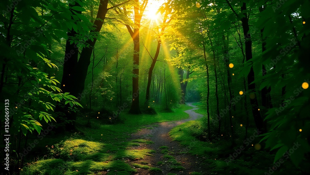 Obraz premium Magical Forest Pathway Illuminated by Sunlight and Fireflies