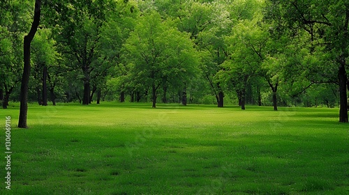 Lush Green Forest with Sunlight Dappled Meadow