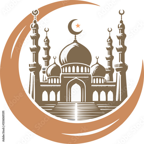 This image features of an Islamic mosque with multiple domes and tall minarets, elegantly enclosed within a large crescent moon. The detailed architectural design includes arched doorways, stairways