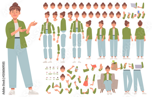 Constructor cute woman character in casual clothes. Housewife or freelancer. Set of different positions of arms legs body and head for creating animation