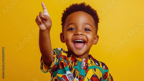 A happy child pointing up with a wide open joyful smile photo