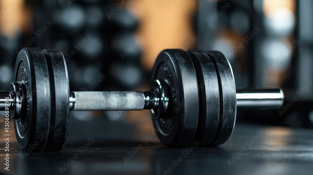 Naklejka premium Heavy dumbbells in a gym for weight training, fitness, and muscle building with a focus on strength and health