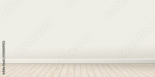 Empty room with old white cement wall and whitewashed wooden floor fade condition graphic illustration.