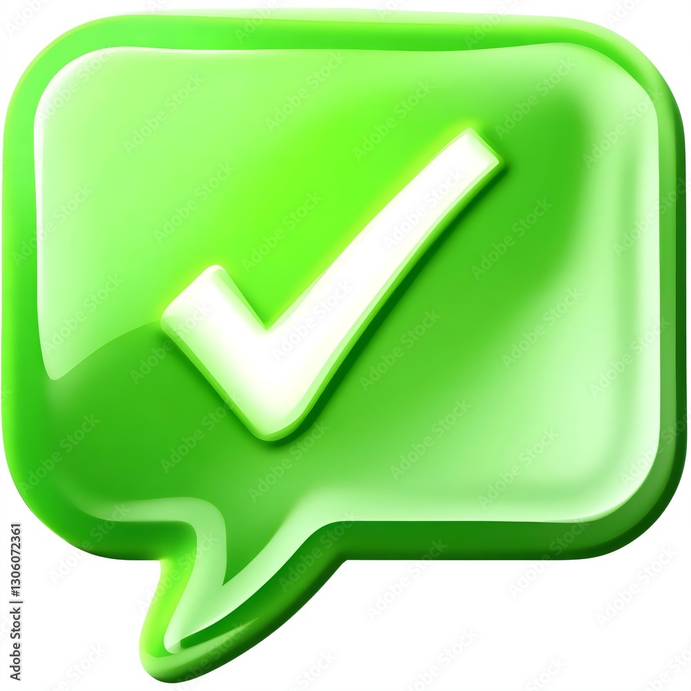 Green Speech Bubble with Check Mark Icon - Glossy 3D Style - Confirmation, Approval, Task Complete, Success Sign Green Speech Bubble with Check Mark Icon - Glossy 3D Style - Confirmation, Approval, Task Complete, Success Sign