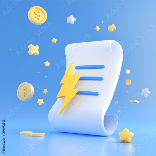 Electricity Bill Concept: 3D Render of Energy Costs, Invoice, and Payment with Coins and Lightning Bolt on Blue Background