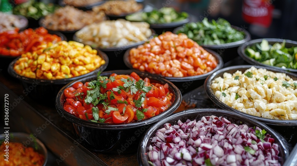 Fototapeta premium Fresh Colorful Ingredients in Bowls at a Vibrant Market Stall