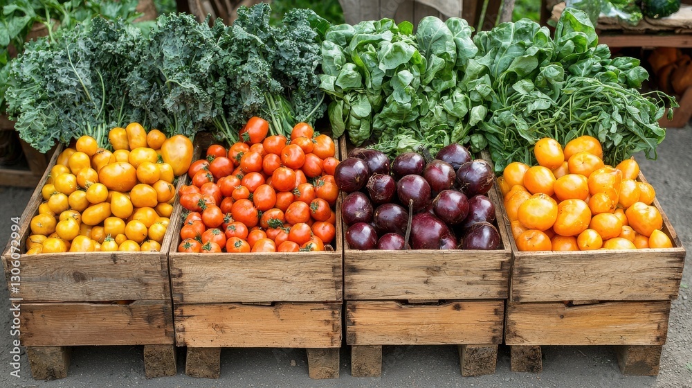 Fresh Organic Vegetables Displayed in Rustic Wooden Crates at Market Fresh Organic Vegetables Displayed in Rustic Wooden Crates at Market