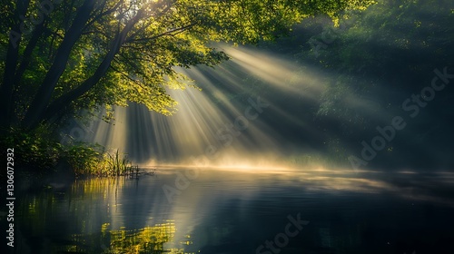 Sunbeams pierce the misty waters of a forest lake, creating a mystical view