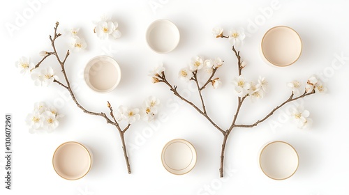 Floral arrangement and minimalist dishware studio photography white background overhead view serene aesthetic