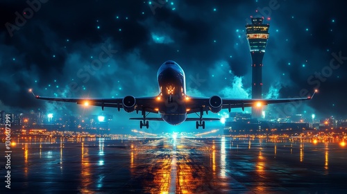 Night airport scene with an airplane taking off in blurred motion, air traffic control tower brightly lit, runway lights aglow 