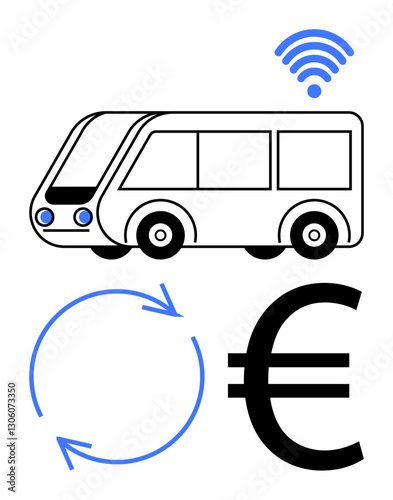 Electric bus with wireless signal, Euro sign highlighting cost or funding, and circular arrows representing sustainability. Ideal for technology, transportation, eco-friendly travel, global trends