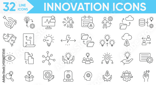 Innovation icon set.traffic, files, cloud, server.prototype, visionary, solution, idea generation, revolution and more.Vector and illustrator set.