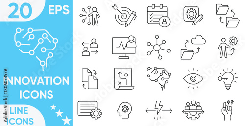 Innovation icon set.traffic, files, cloud, server.prototype, visionary, solution, idea generation, revolution and more.Vector and illustrator set.