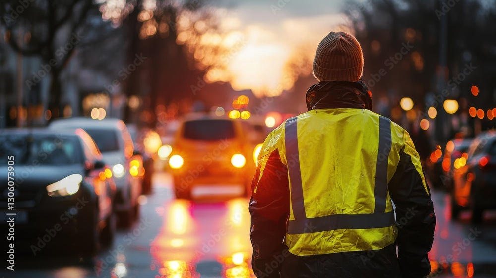 Obraz premium Worker in Safety Jacket Observing Traffic at Sunset on Urban Street