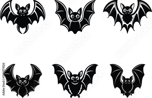 Cute and Angry Bat silhouette vector art, Black color Cute and Angry Bat line art isolated vector illustration set