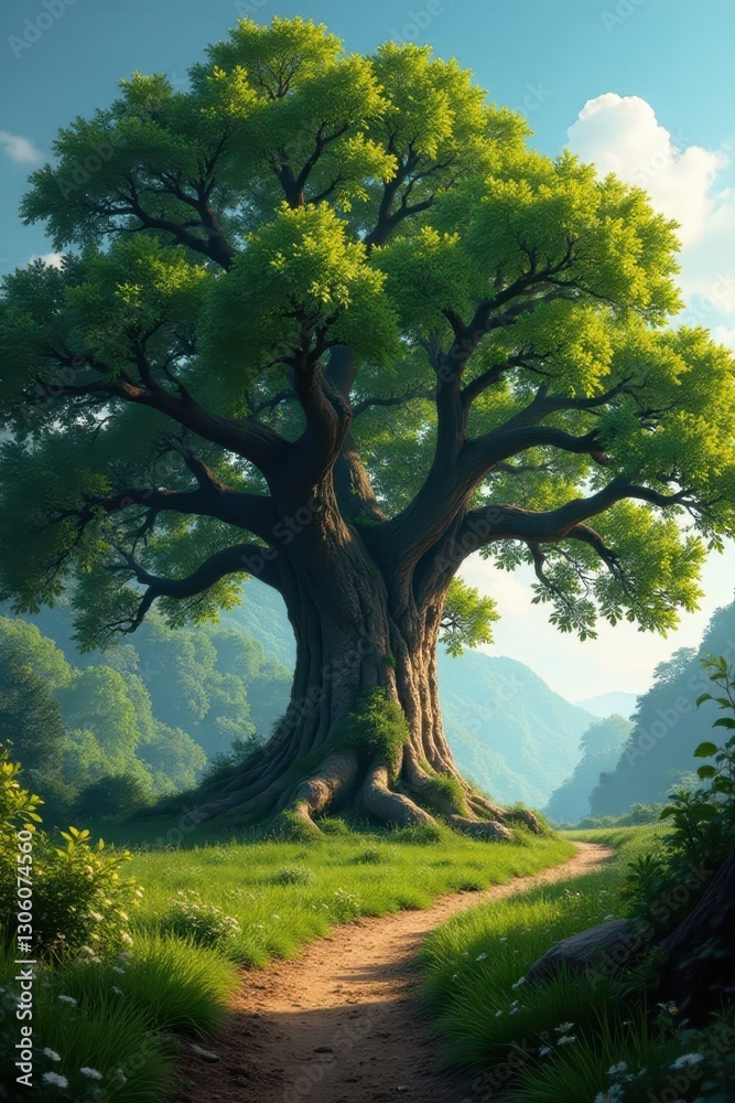 Fototapeta premium Ancient oak, symmetrical crown, vast open space, tall, sunlight