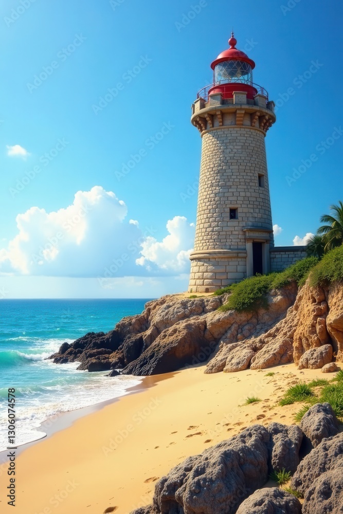 Ancient stone lighthouse on sandy beach, sunlit ocean view , ocean, light, seascape Ancient stone lighthouse on sandy beach, sunlit ocean view , ocean, light, seascape